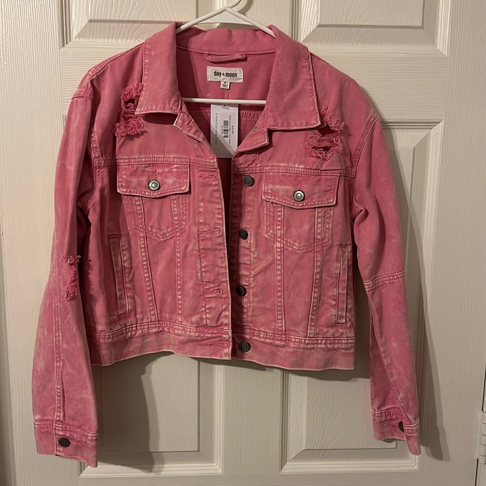 Day + moon pink distressed denim jacket small- NWT!!!